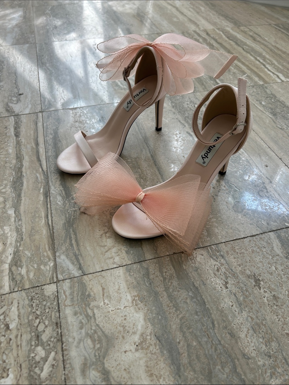 Tulle Bow Ankle-Strap Stiletto Sandals in Blush Pink size 7